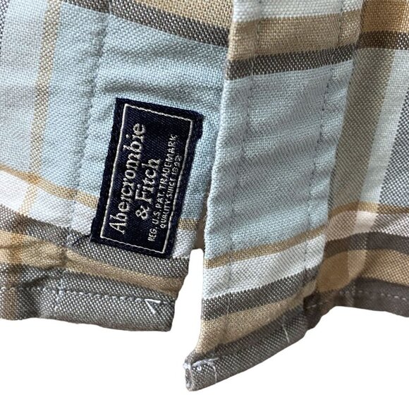 ABERCROMBIE & FITCH Mens Shirt Light Blue Tan Plaid Long Sleeve Cotton Button up - Picture 7 of 12